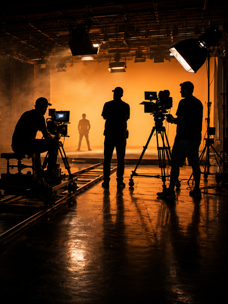 Film crew shooting on a studio set